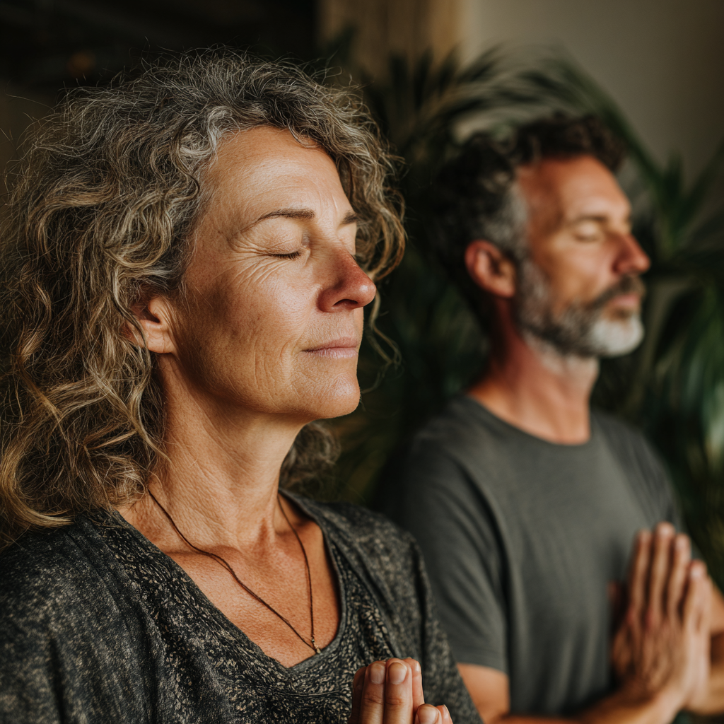 Mature woman and man in their 40s practicing yoga poses together in a bright, peaceful studio environment with natural lighting and plants