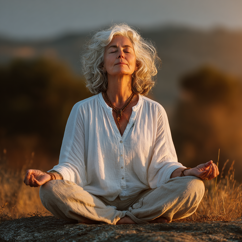 Peaceful middle-aged woman in white clothing practicing yoga meditation pose in a serene natural setting, demonstrating mindfulness and inner balance